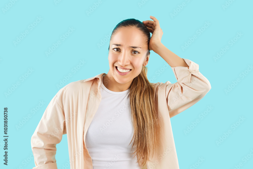 Fototapeta premium Portrait of a young brunette woman wearing casual clothes standing holding head thinking about something and looking confused at the camera isolated on studio blue background. People emotions concept