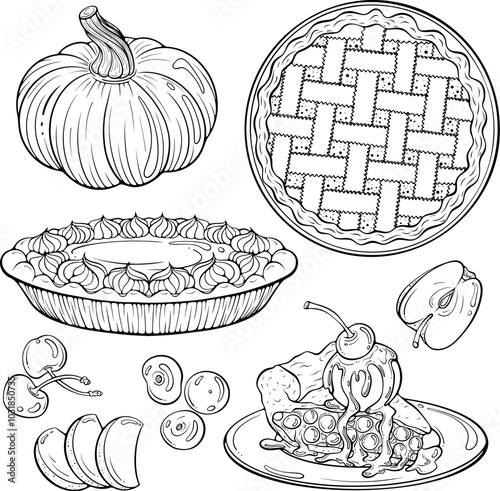 Set of fruit pie. Pumpkin dessert with whipped cream. Traditional apple tart top view. Piece of cherry pie. Vector illustration in hand drawn sketch style. Line art isolated on white for coloring book