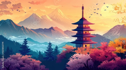 A detailed Japanese pagoda standing tall on a hill, with a scenic backdrop of mountains and blooming cherry trees.