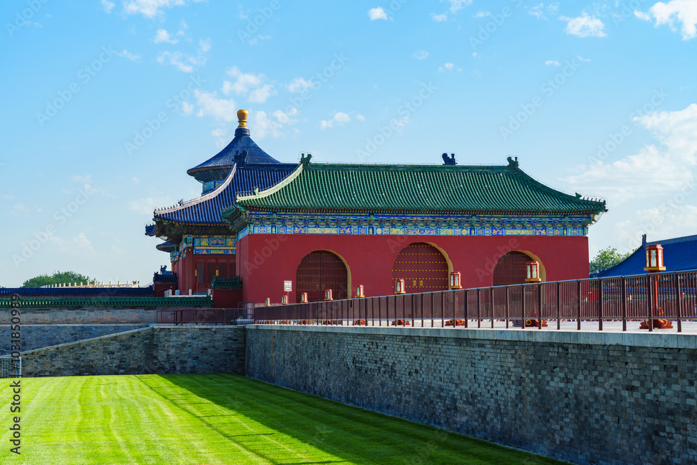 Overlooking the main gate of Hall of Prayer for Good Harvest in the Temple of Heaven, a major landmark and travel destination in Beijing, China Overlooking the main gate of Hall of Prayer for Good Harvest in the Temple of Heaven, a major landmark and travel destination in Beijing, China
