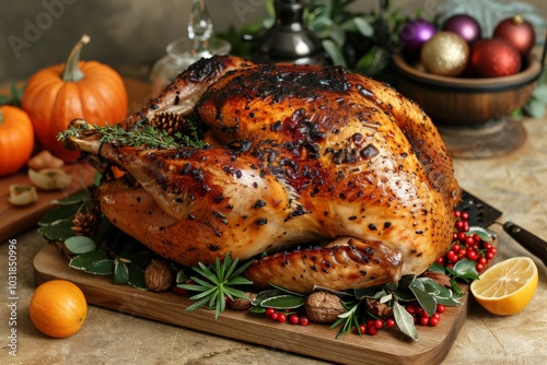 A beautifully roasted turkey garnished with herbs, surrounded by festive decorations and seasonal fruits during a holiday gathering