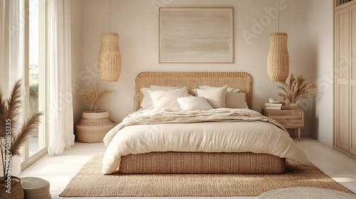 Elegant and Cozy Modern Bedroom Interior Design with Stylish Decor, mockup, poster and Background