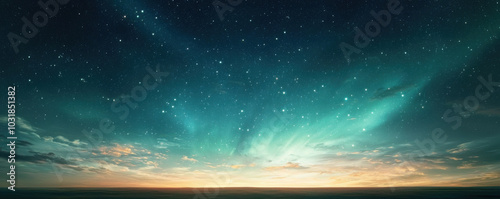 breathtaking view of starry night sky over serene landscape, with twinkling stars and soft glow on horizon. tranquil atmosphere evokes sense of wonder and peace