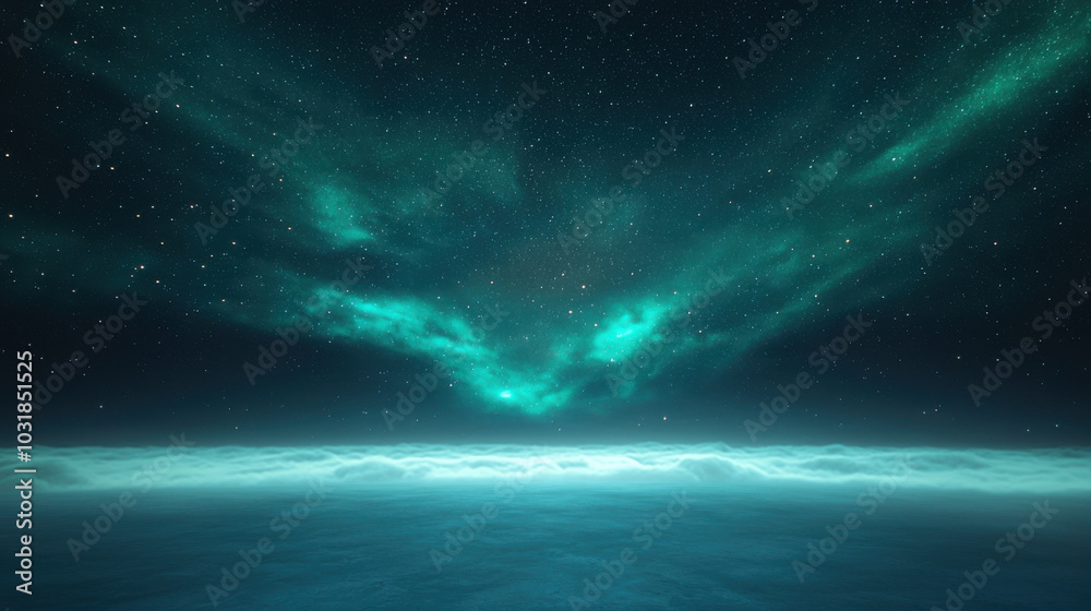 Fototapeta premium stunning view of night sky filled with stars, showcasing vibrant green auroras above misty horizon. ethereal atmosphere creates sense of wonder and tranquility