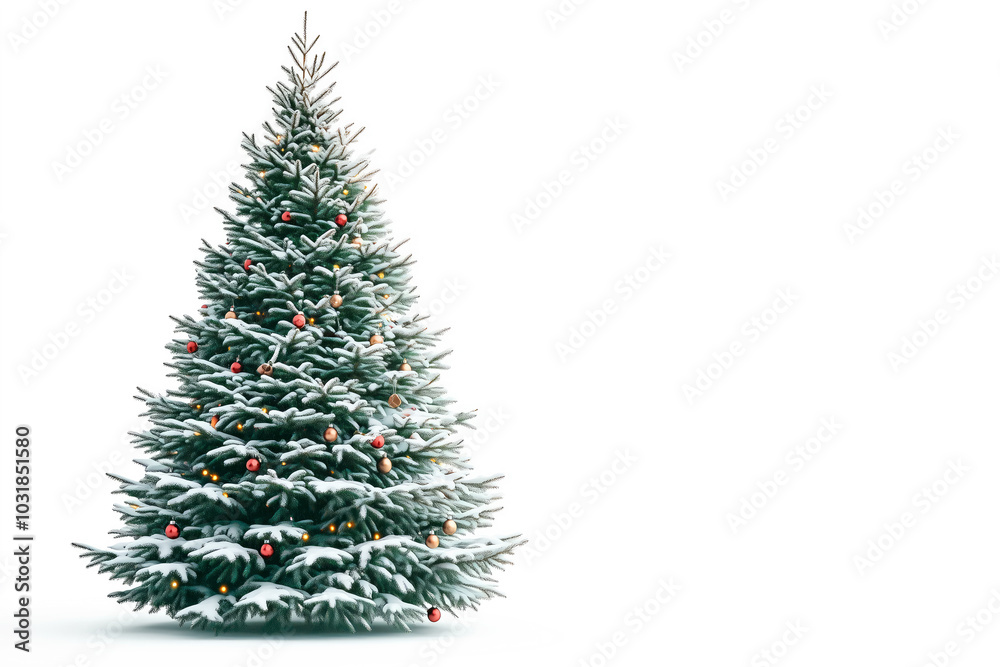 A full green snowy pine tree displayed prominently isolated on white background, Christmas holiday concept A full green snowy pine tree displayed prominently isolated on white background, Christmas holiday concept