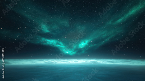 stunning view of night sky filled with stars, showcasing vibrant green auroras above misty horizon. ethereal atmosphere creates sense of wonder and tranquility