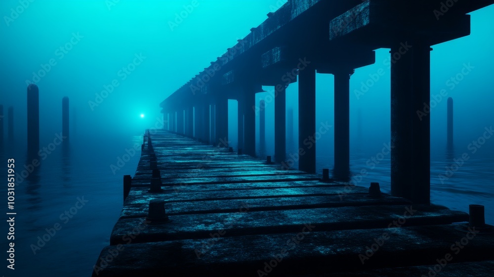 Fototapeta premium A solitary dock, seemingly abandoned and swallowed by an ominous fog, hints at a lost civilization and a dystopian future. The wooden planks and weathered pillars create an atmosphere of decay and mys