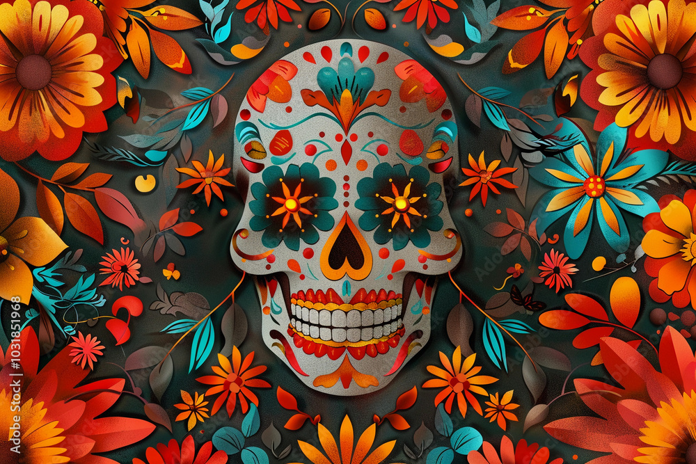 Beautiful greeting card with bright holiday composition for happy to joy celebrate dia de muertos Beautiful greeting card with bright holiday composition for happy to joy celebrate dia de muertos