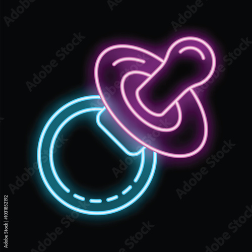 Colorful neon sign of a baby pacifier glowing on a black background