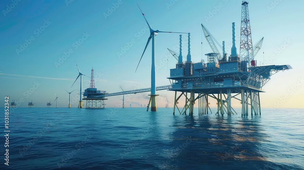 A large offshore wind farm with several wind turbines and a platform in the ocean. A large offshore wind farm with several wind turbines and a platform in the ocean.