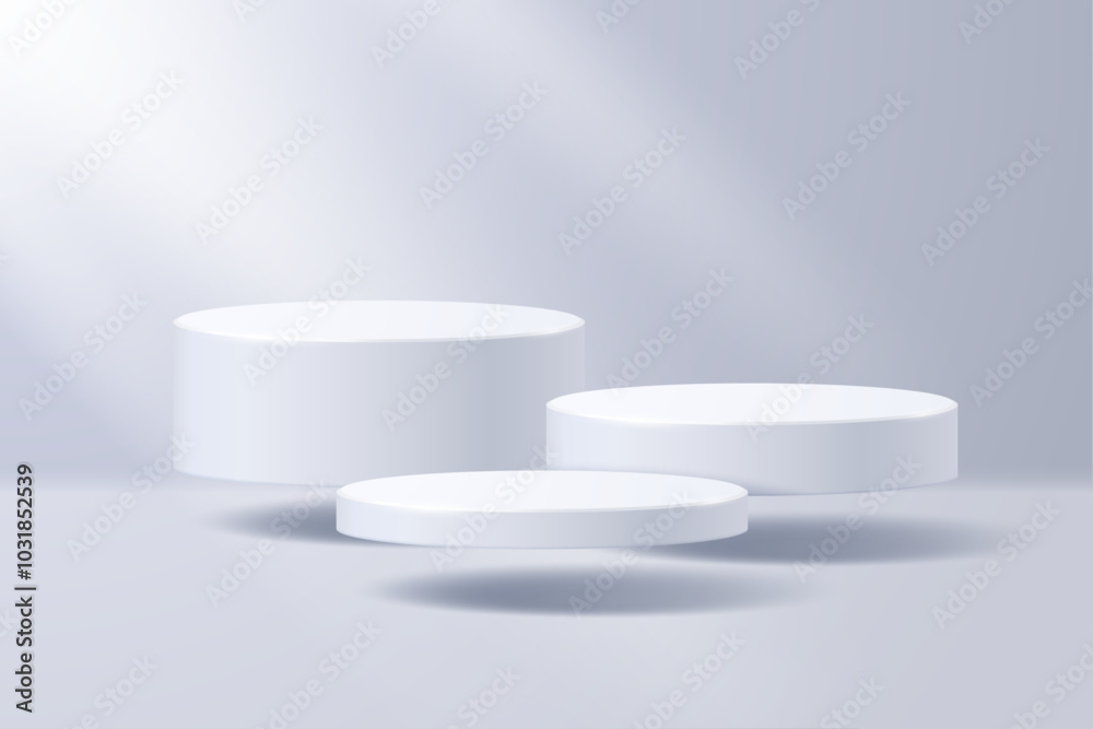 Collection of podiums levitating in space against the background of a fog illuminated by rays of sunlight. Minimalistic abstract scene. Vector illustration.