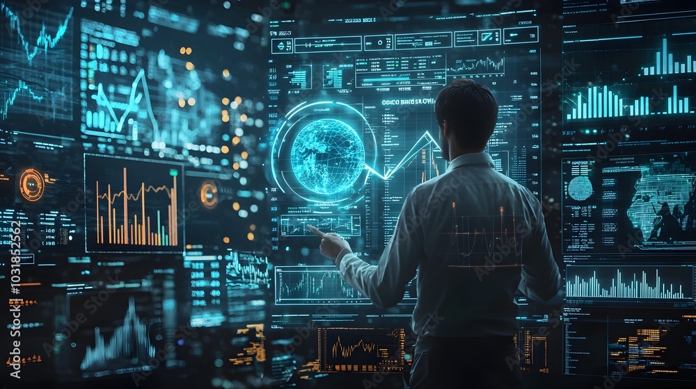 Futuristic Holographic Interface Tracking Real Time Market Trends and Financial Data Visualization Futuristic Holographic Interface Tracking Real Time Market Trends and Financial Data Visualization