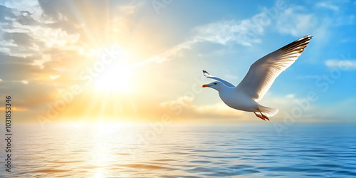 Seagull Flying Over Sparkling Ocean Under Bright Sun