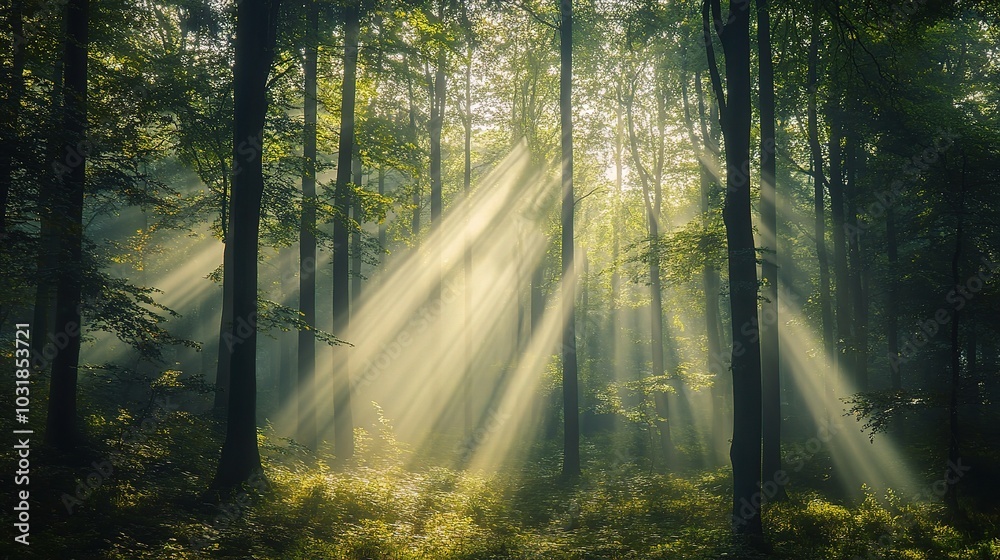 Serene Sunlight Through Forest Trees Serene Sunlight Through Forest Trees