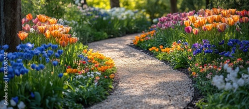 A winding stone path leads through a colorful garden filled with vibrant spring blooms.