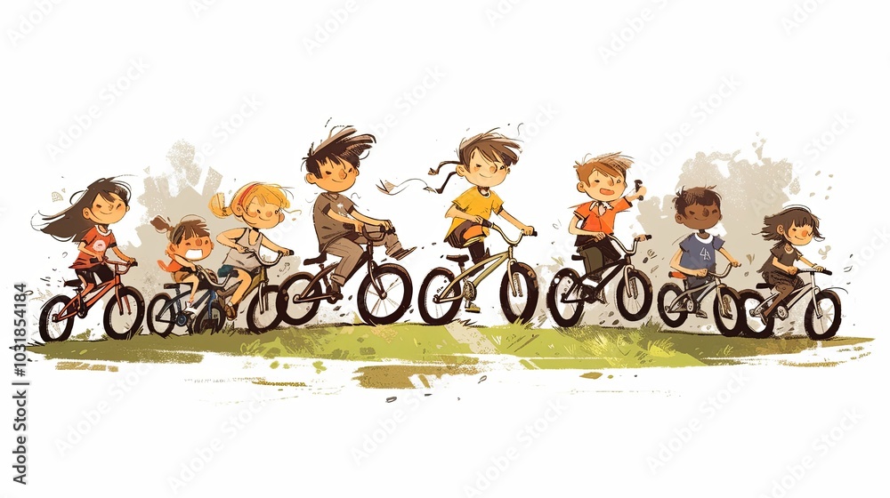 Obraz premium Joyful group of kids riding bicycles in a vibrant landscape