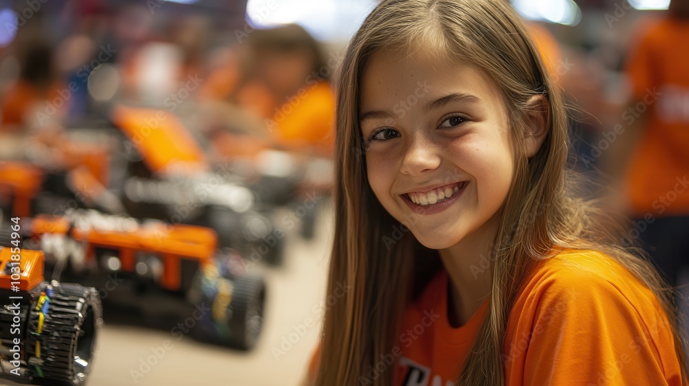 Smiling girl with long hair at a robotics workshop surrounded by miniature robot cars, wearing an orange shirt, enjoying the event. Smiling girl with long hair at a robotics workshop surrounded by miniature robot cars, wearing an orange shirt, enjoying the event.