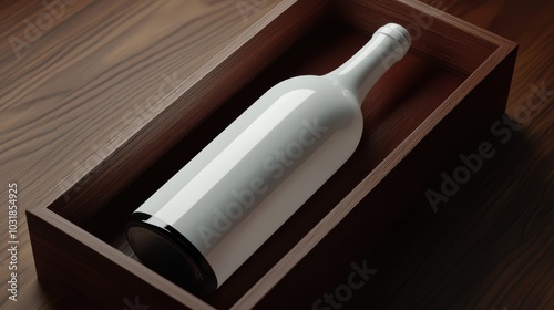 A minimalist wine bottle displayed in a wooden box on a dark wooden surface, showcasing elegant design and simplicity.