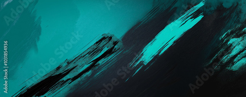 A dynamic abstract blue and green background with brush strokes. AI generation.