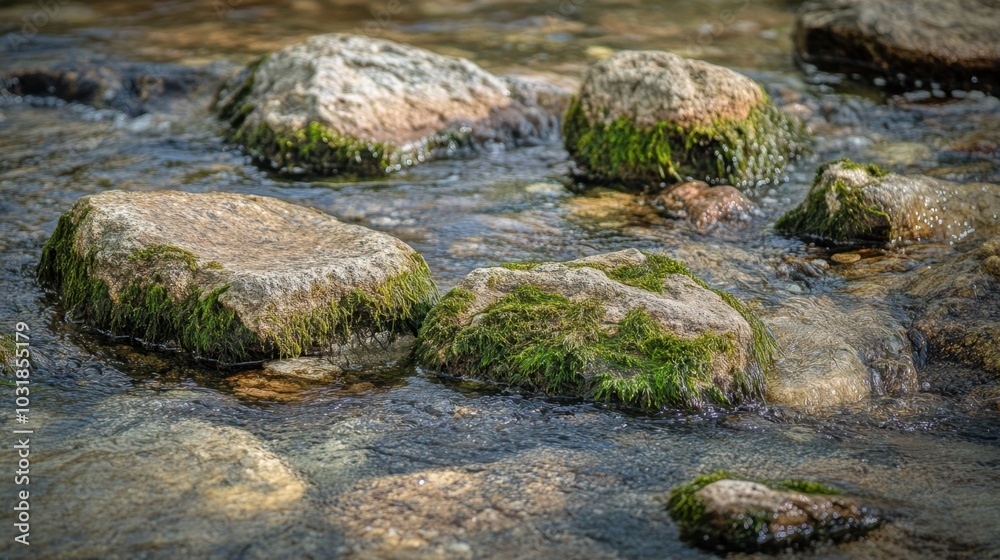 A detailed shot of moss-covered rocks in a Korean mountain stream with clear water. A detailed shot of moss-covered rocks in a Korean mountain stream with clear water.