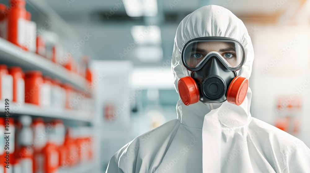 A person in protective gear stands in a chemical lab, showcasing safety measures in a hazardous environment. A person in protective gear stands in a chemical lab, showcasing safety measures in a hazardous environment.