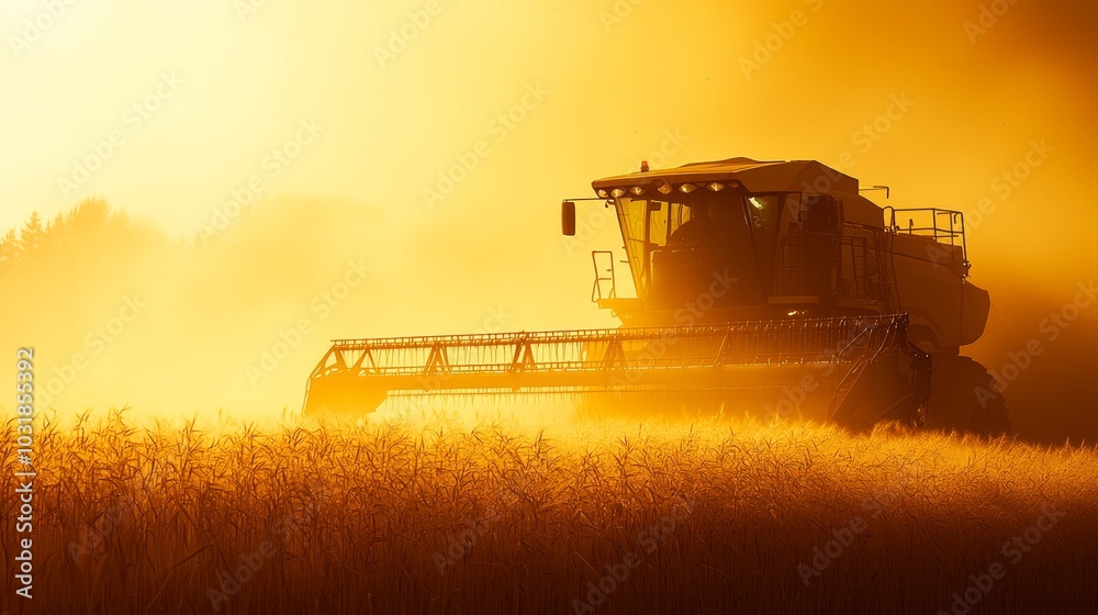 Fototapeta premium Combine Harvester in Wheat Field at Sunset Agricultural Harvest. Agriculture, Farming, Golden Hour.