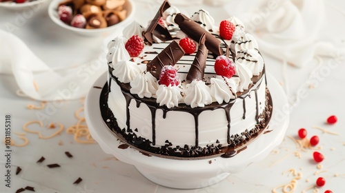 Photography of a close-up of a plate with a slice of birthday cake, adorned with sprinkles and a small birthday candle, set on a decorated table with other party treats for the birthday celebration