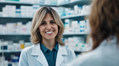 Free Download A smiling pharmacist in a white coat stands in a pharmacy filled with shelves of medication, engaging with a customer. - GFXLoad