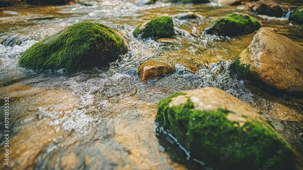 A detailed shot of moss-covered rocks in a Korean mountain stream with clear water. A detailed shot of moss-covered rocks in a Korean mountain stream with clear water.