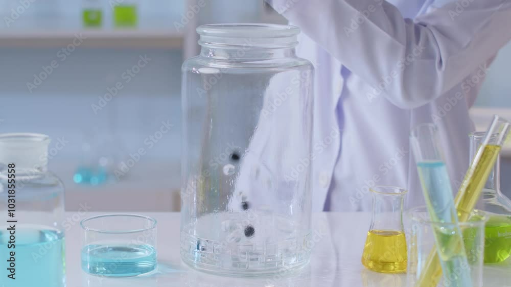 A scientist is shown pouring black and white clear crystals from a beaker into a sizable flask that is surrounded by fluid vials in a video sample of a contemporary laboratory. A scientist is shown pouring black and white clear crystals from a beaker into a sizable flask that is surrounded by fluid vials in a video sample of a contemporary laboratory.