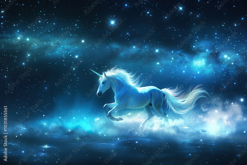 Fantastically beautiful mythological pink unicorn with long horn