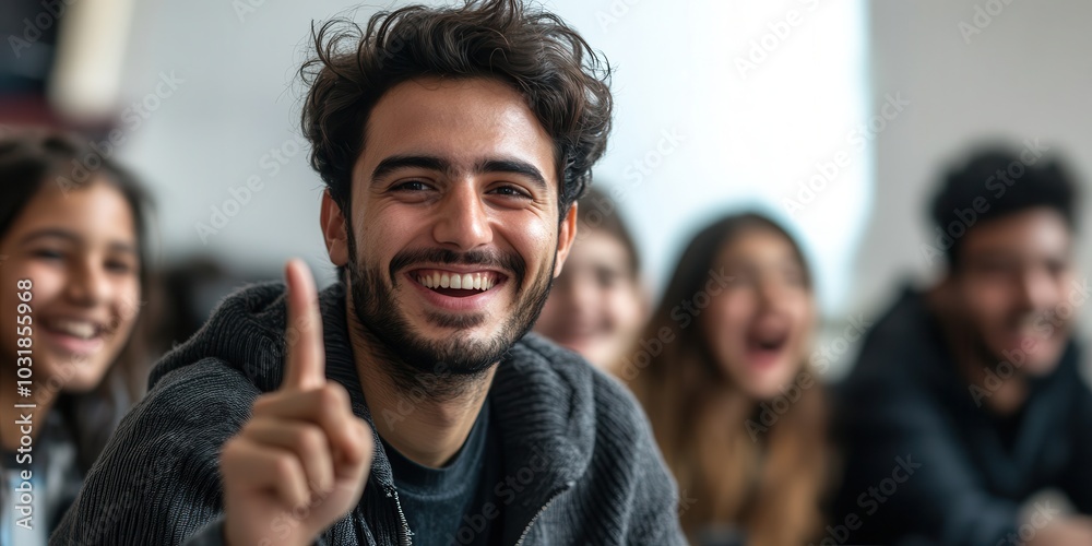 Fototapeta premium Smiling young man with friends, showing excitement and engagement in a lively discussion. Group enjoying conversation, expressing joy and unity.