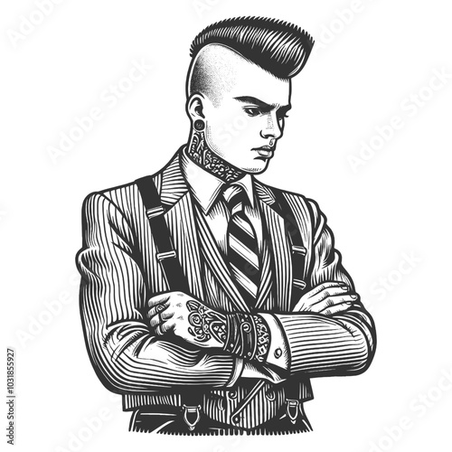 punk rocker businessman with mohawk in formal suit, rebellion and sophistication sketch engraving generative ai fictional character vector illustration. Scratch board imitation. Black and white image.