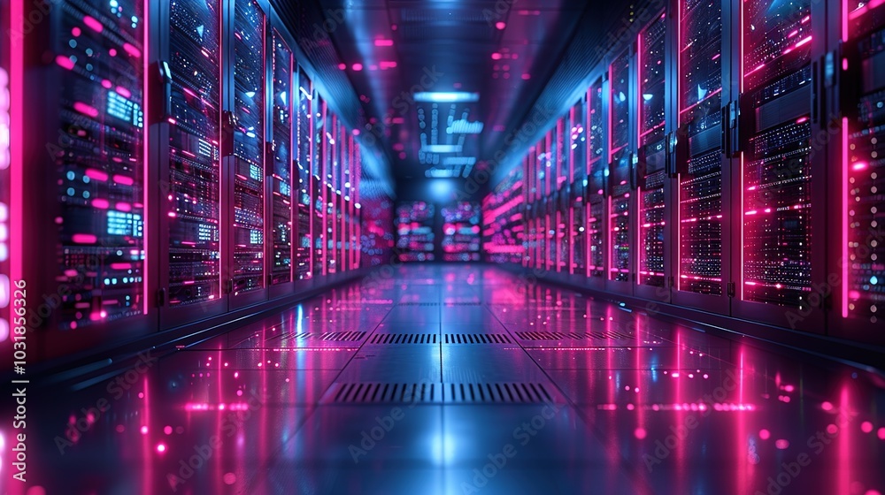 A futuristic server room with glowing lights and rows of data storage units. A futuristic server room with glowing lights and rows of data storage units.