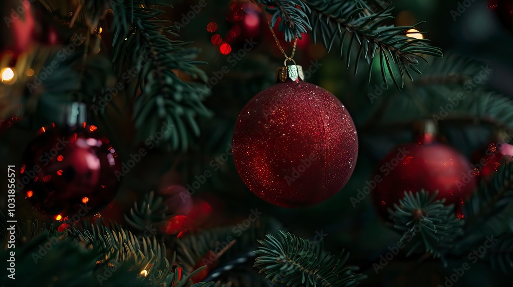 Red toys hang on a Christmas tree, Christmas Background, Christmas Decoration, New Year's eve Red toys hang on a Christmas tree, Christmas Background, Christmas Decoration, New Year's eve