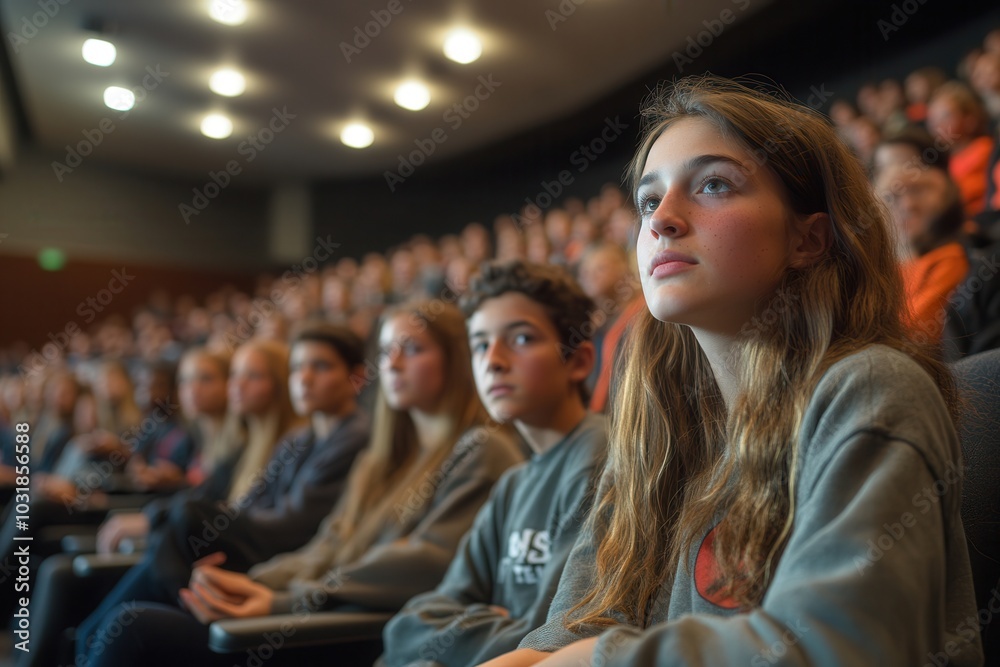 Fototapeta premium Students attentively listen during a lecture in a large auditorium, capturing the essence of academic engagement and focus.