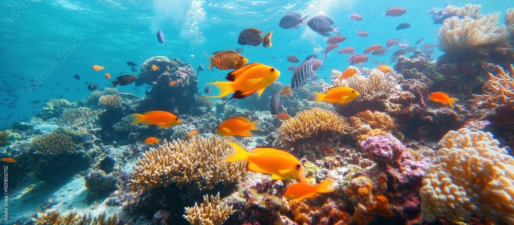 Fototapeta premium A vibrant underwater scene featuring a coral reef teeming with colorful fish.