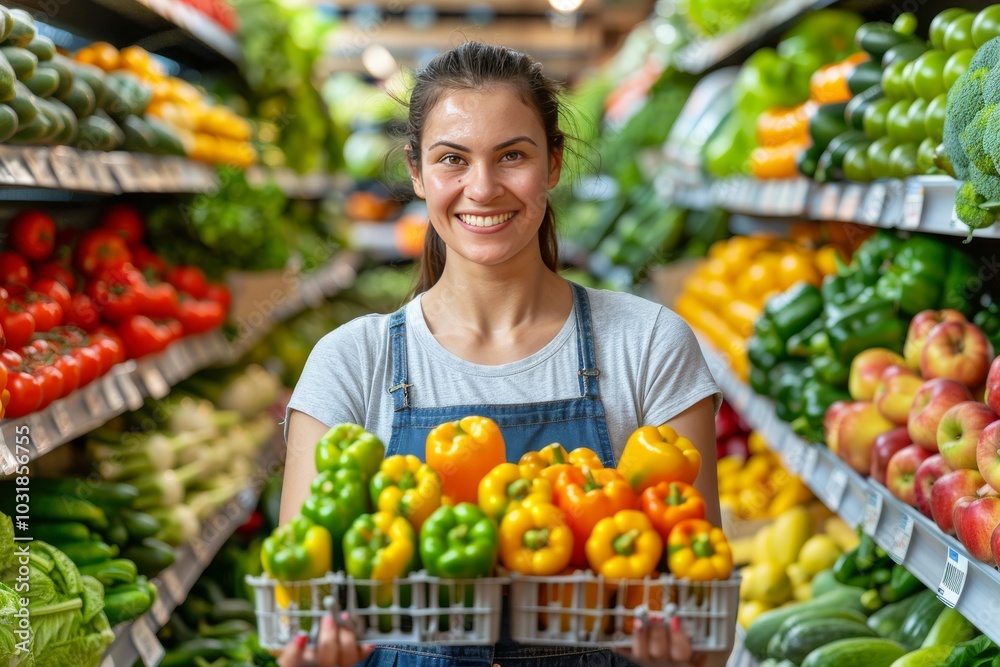 Smiling woman holding a basket of colorful peppers in a fresh produce section of a grocery store Smiling woman holding a basket of colorful peppers in a fresh produce section of a grocery store