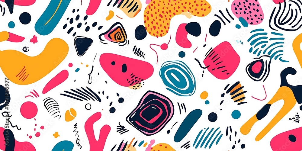 Transparent abstract art background with bright, colorful doodles in a seamless pattern design
