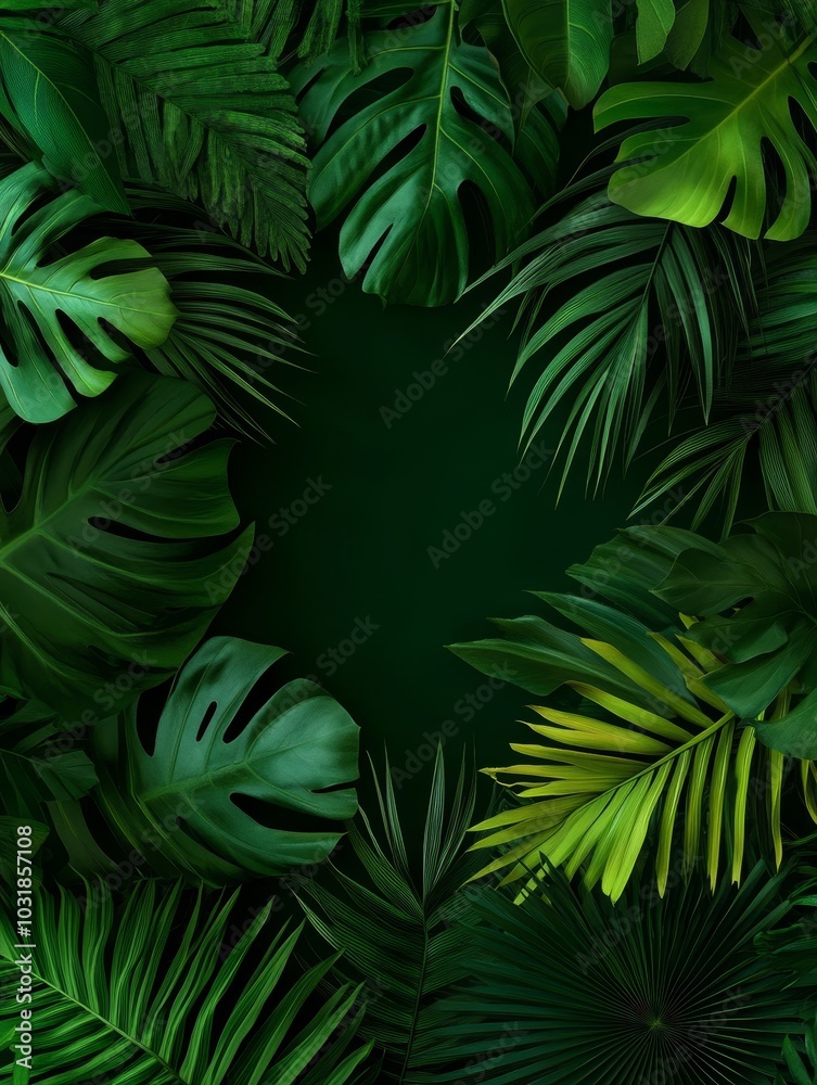 A vibrant 3D of lush tropical jungle leaves, arranged to create a striking and versatile background. The image showcases the beauty and texture of nature, ideal for branding, design, and more. A vibrant 3D of lush tropical jungle leaves, arranged to create a striking and versatile background. The image showcases the beauty and texture of nature, ideal for branding, design, and more.
