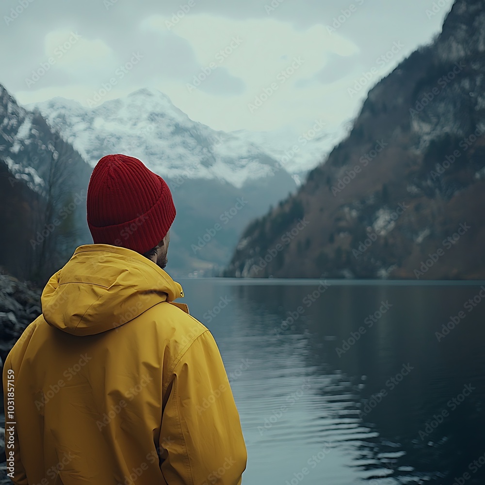 A person in a yellow jacket and red hat gazes at a serene lake surrounded by mountains under a cloudy sky. A person in a yellow jacket and red hat gazes at a serene lake surrounded by mountains under a cloudy sky.
