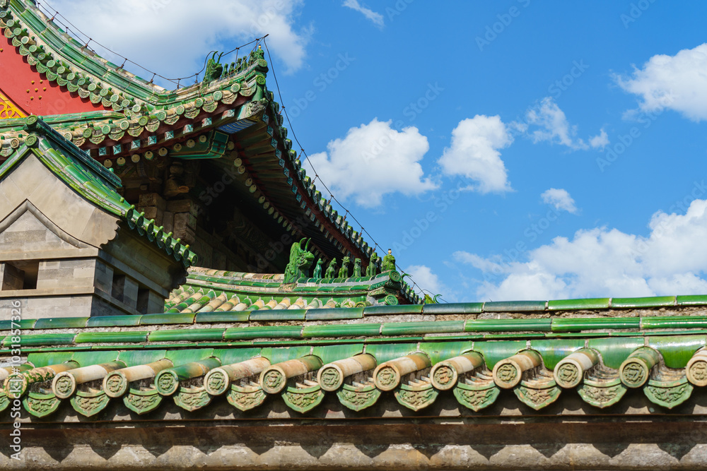 Decoration details of gates and palaces in the Temple of Heaven under blue sky, a major landmark and travel destination in Beijing, China Decoration details of gates and palaces in the Temple of Heaven under blue sky, a major landmark and travel destination in Beijing, China