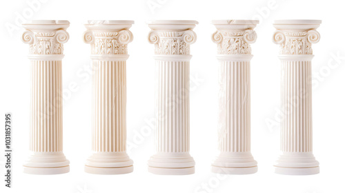 Set of Five Greek Columns Isolated on a Transparent Background Generative AI