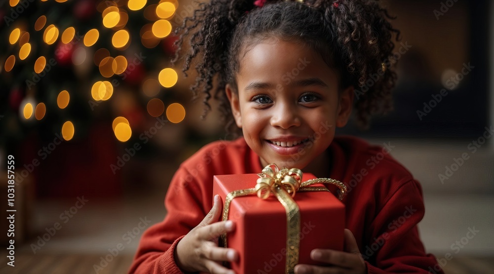 close up of portrait of a happy black african-american child with a Christmas gift in her hands, surrounded by festive lights and decorations on a cozy, dark background