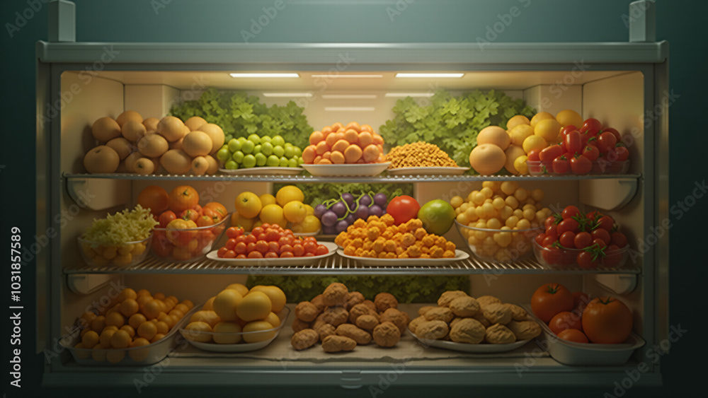 A Bright and Inviting View Inside a Refrigerator Loaded with a Colorful Array of Fresh and Delicious Food Items