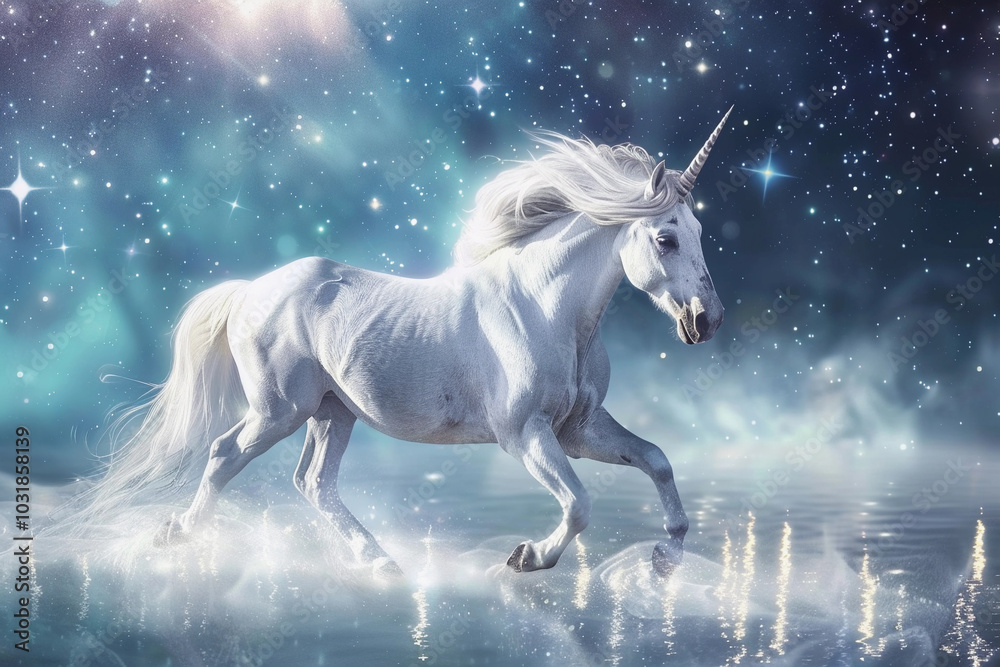 Obraz premium Fantastically beautiful mythological pink unicorn with long horn