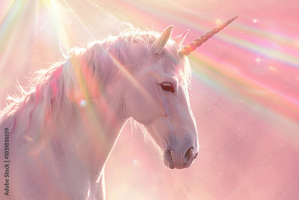 Fantastically beautiful mythological pink unicorn with long horn Fantastically beautiful mythological pink unicorn with long horn