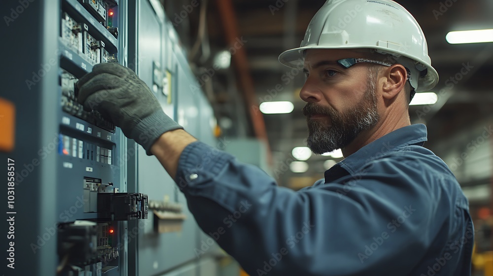 An electrician installing surge protectors on an industrial control panel in a manufacturing facility. An electrician installing surge protectors on an industrial control panel in a manufacturing facility.