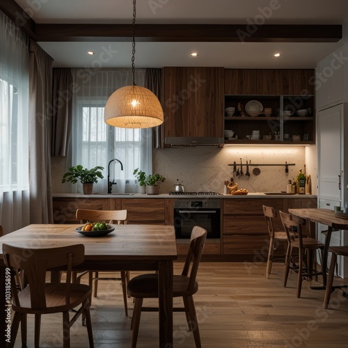 Modern kitchen with wooden table and chairs, natural light coming from the window, brown cabinetry and a hanging lamp.