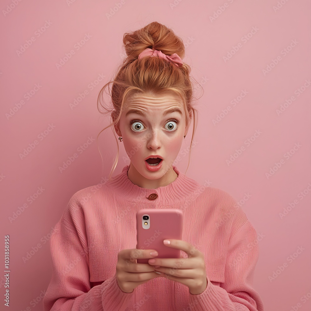 A surprised girl in a pink sweater looks at her phone against a pink background, expressing shock or excitement.